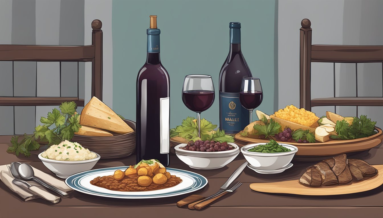 A table set with traditional Argentine dishes and a bottle of Malbec wine