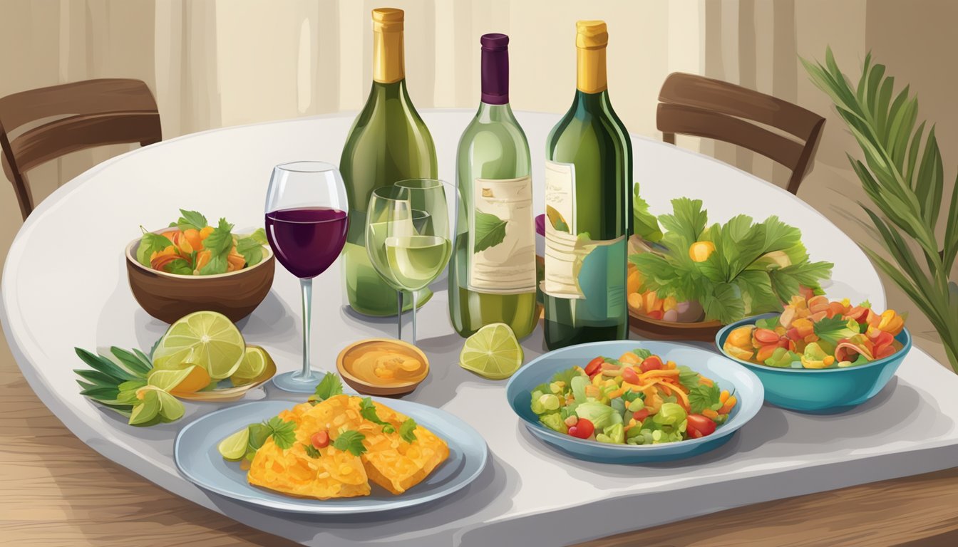 A table set with Caribbean dishes and a bottle of wine