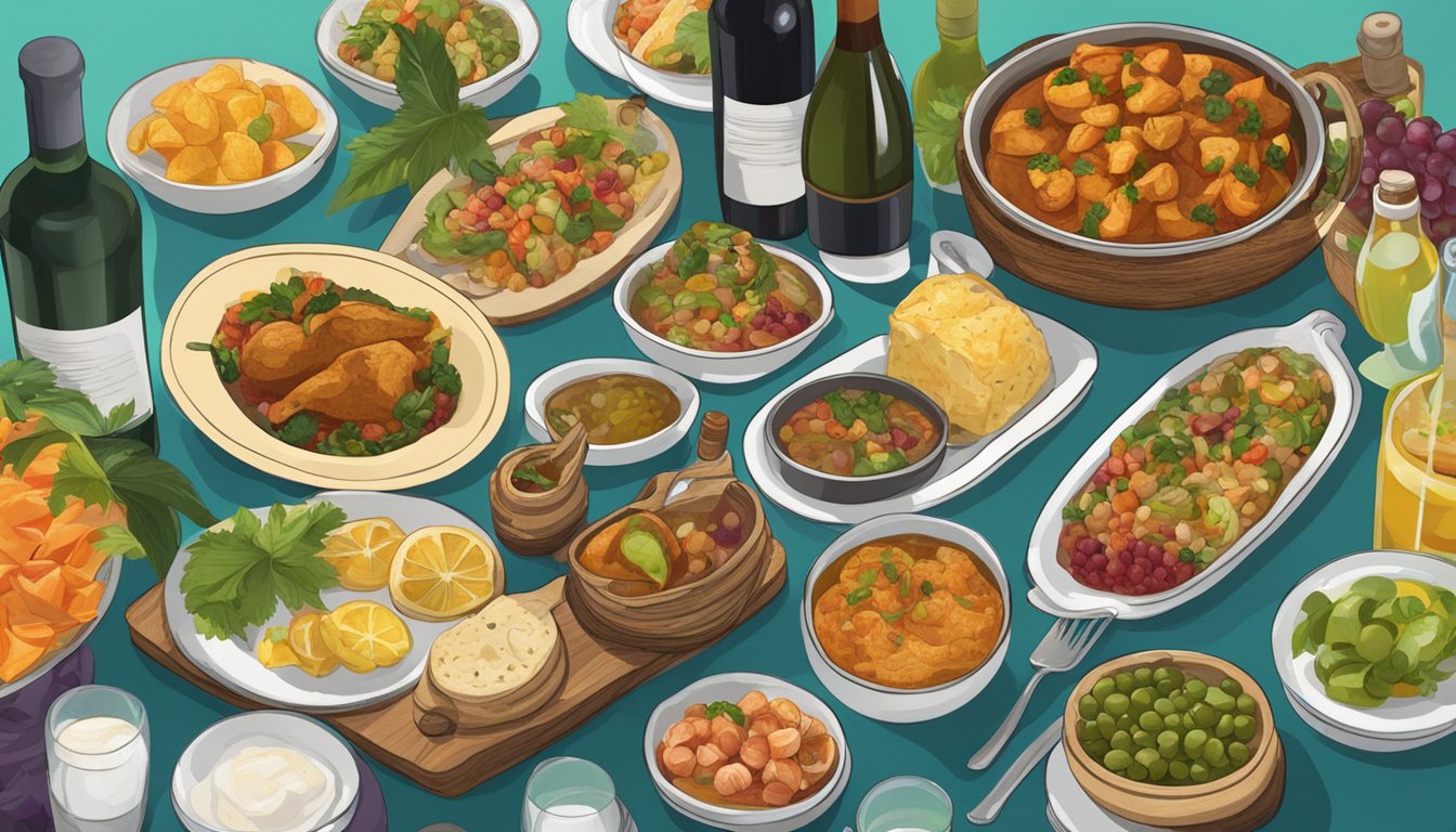 A table set with a spread of Caribbean dishes, surrounded by bottles of various wine varietals