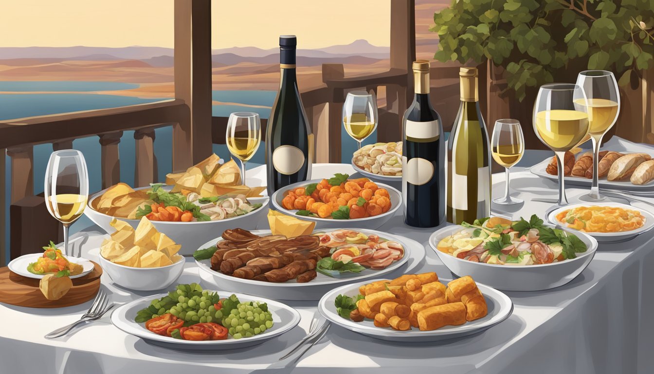 A table set with a variety of Argentinian dishes, accompanied by a selection of red and white wines