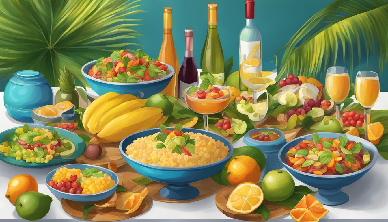 A table set with a spread of Caribbean dishes, surrounded by colorful tropical fruits and a variety of wine bottles