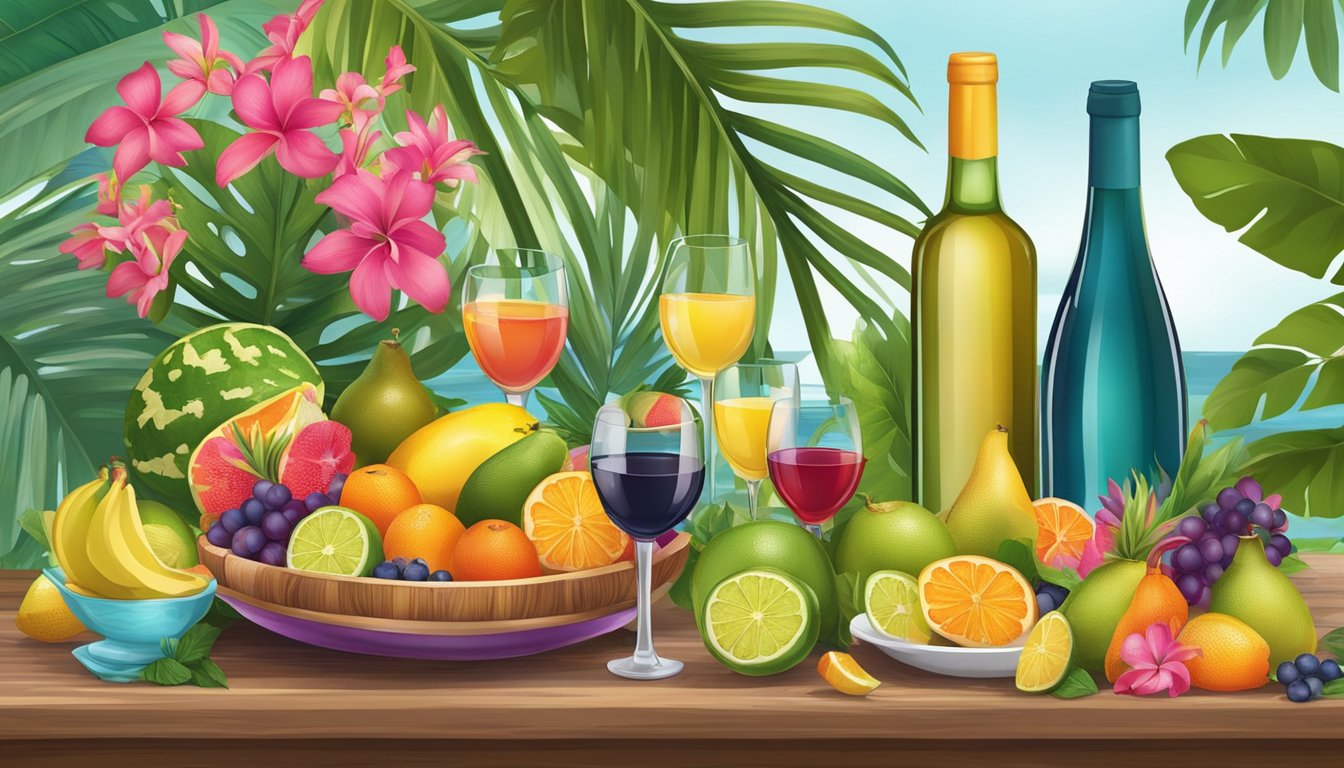 A table set with colorful Caribbean dishes and a bottle of wine, surrounded by tropical fruits and vibrant flowers