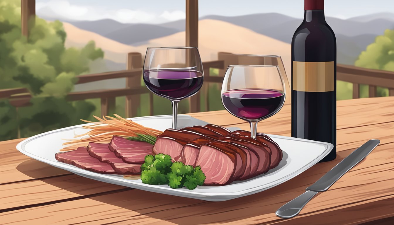 A plate of pork char siu with a glass of red wine on a wooden table