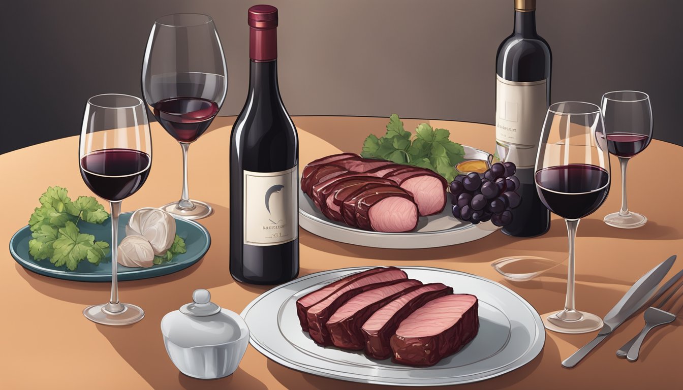 A table set with a plate of char siu, a bottle of red wine, and two wine glasses