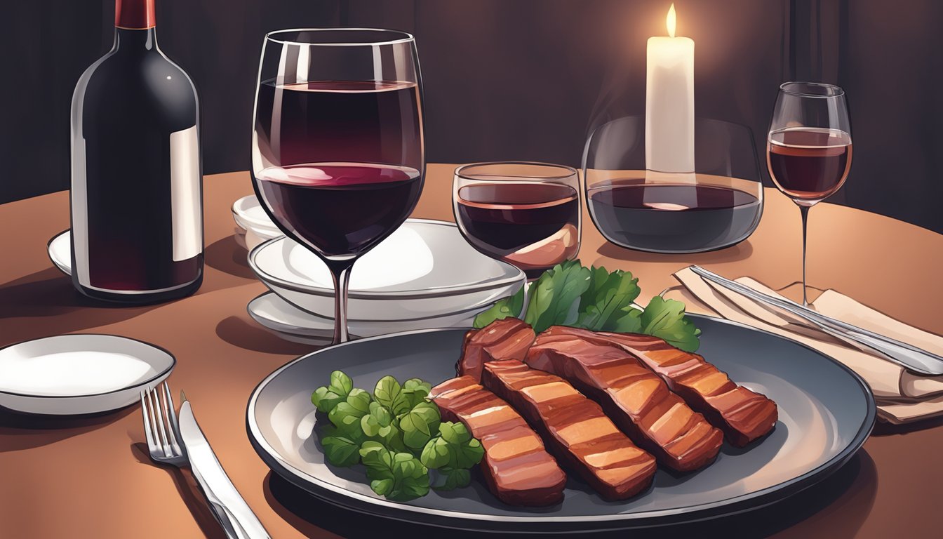 A table set with a plate of pork char siu and a glass of red wine, with a cozy atmosphere and dim lighting