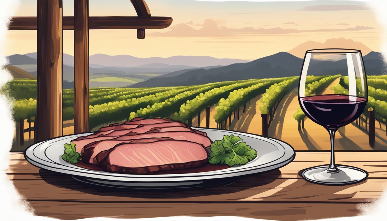 A plate of pork char siu served with a glass of red wine on a rustic wooden table, with vineyards and rolling hills in the background