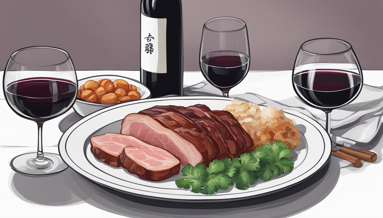 A table set with a plate of pork char siu, a glass of red wine, and a bottle of the same wine