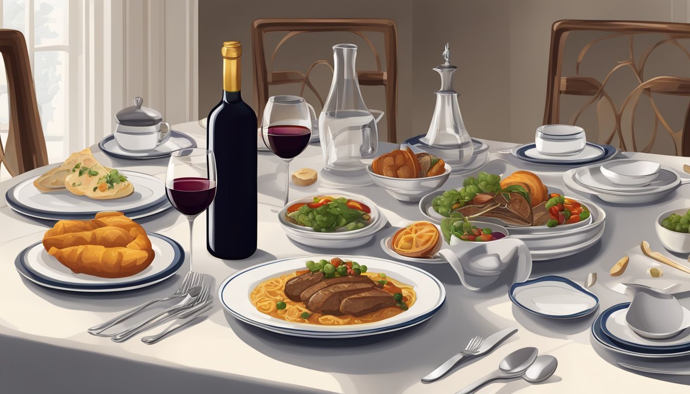 A table set with traditional Georgian cuisine and a bottle of red wine, surrounded by elegant dinnerware and decorative accents