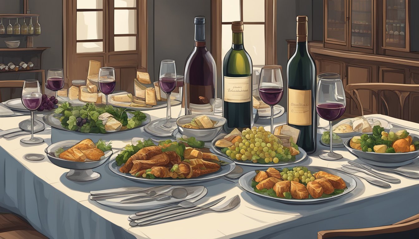 A table set with traditional Georgian dishes and a variety of wine bottles, with a sommelier offering advice on pairing options