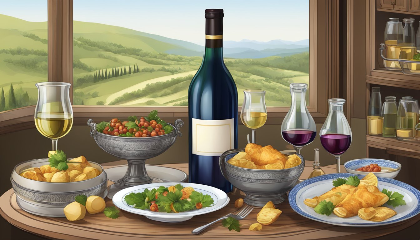 A table set with traditional Georgian dishes and wine bottles