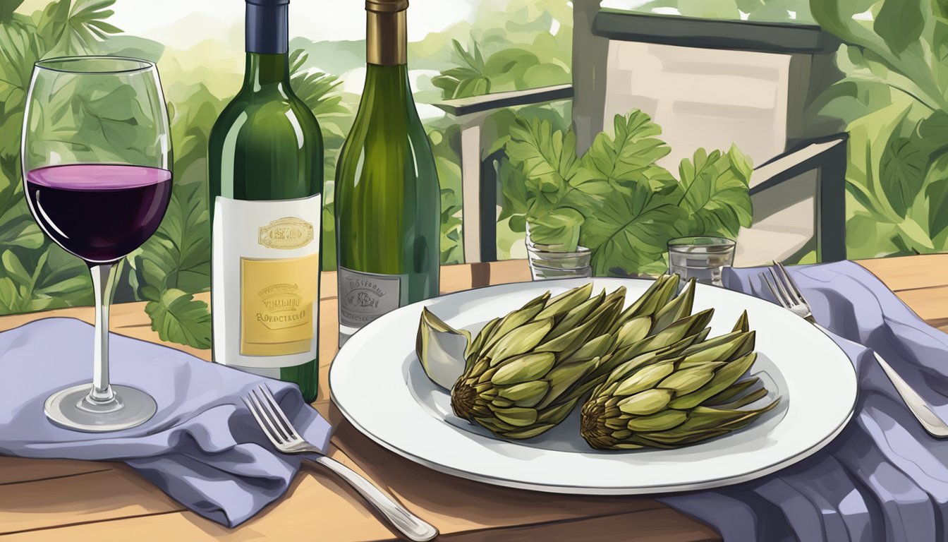 A table set with a platter of grilled artichokes, a bottle of wine, and two glasses, surrounded by lush greenery