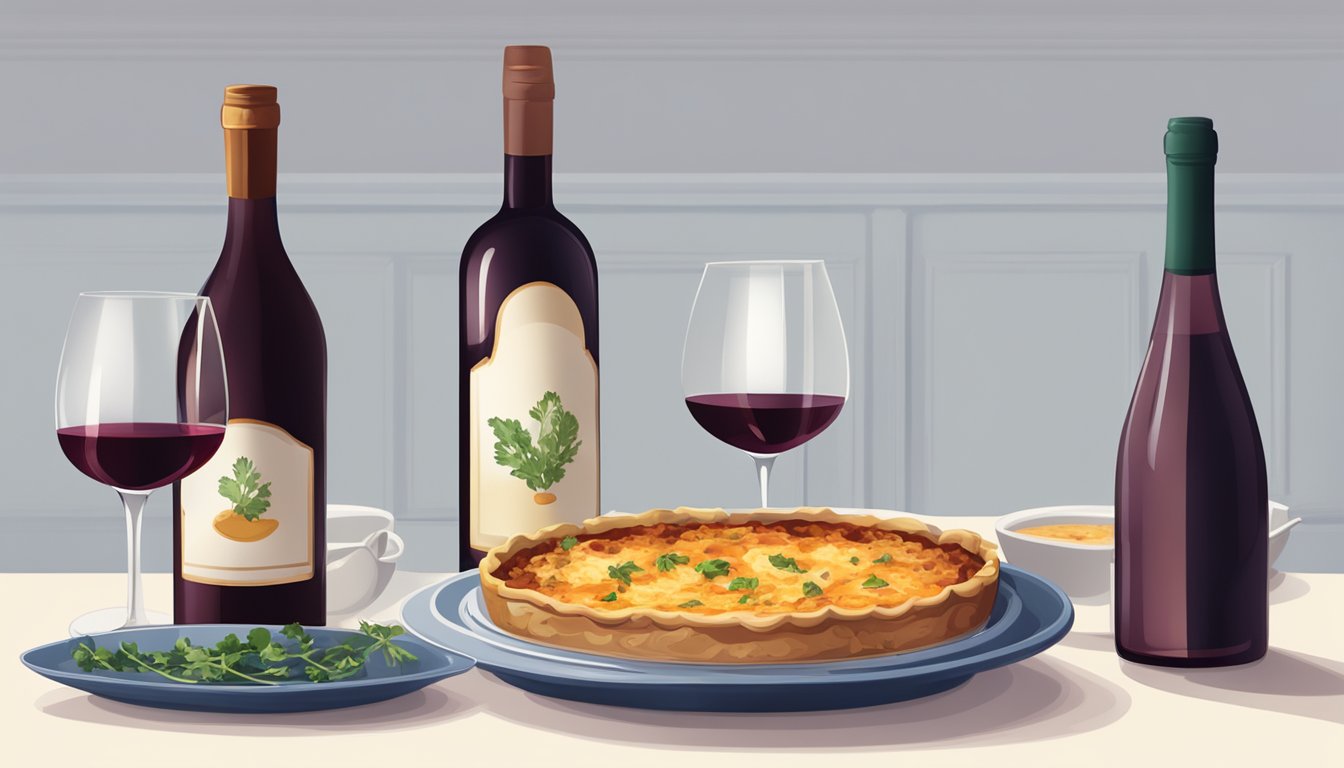 A table set with a steaming dish of chicken moussaka alongside a bottle of red wine and two filled wine glasses