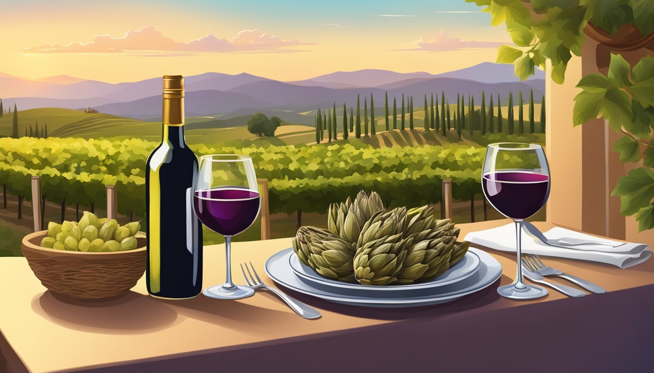 A table set with a plate of grilled artichokes and a bottle of wine, surrounded by vineyards and a sunset