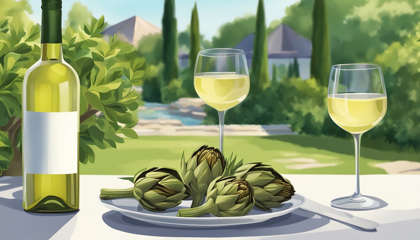 A table with a plate of grilled artichokes, a bottle of white wine, and two glasses set against a backdrop of a summer garden