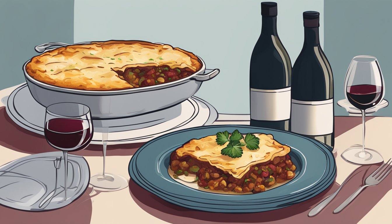 A table set with a steaming dish of chicken moussaka alongside a bottle of red wine