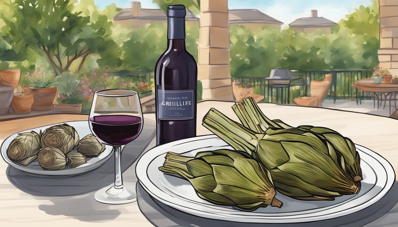 A bottle of red wine next to a plate of grilled artichokes, with a cozy outdoor setting in the background