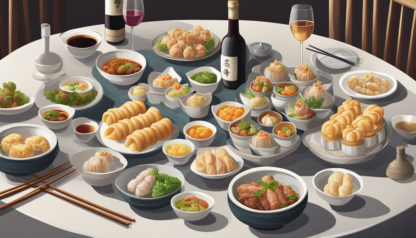 A table set with various pork dim sum dishes alongside a selection of wine bottles, creating a harmonious pairing of flavors and aromas