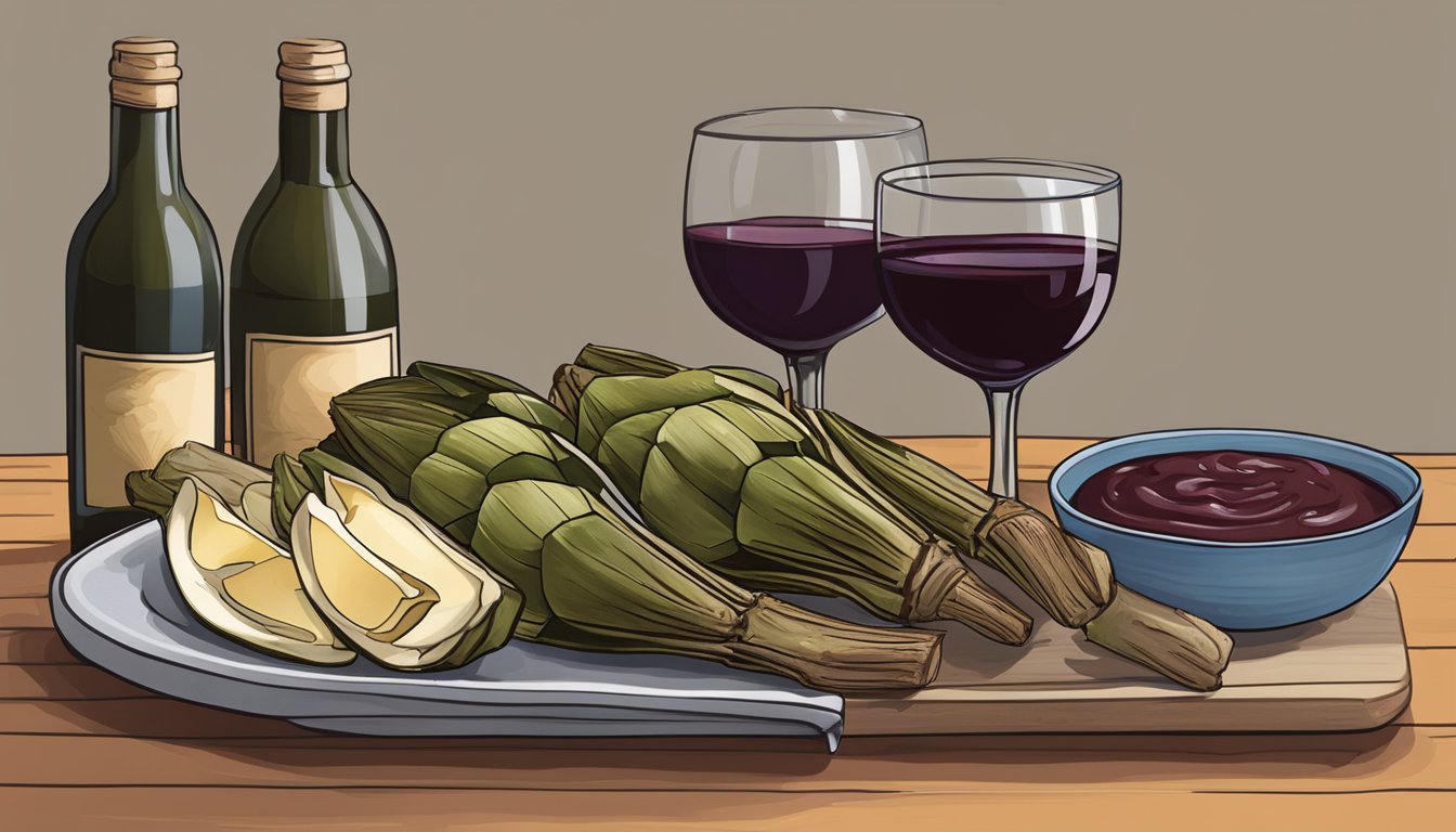 A bottle of red wine next to a platter of grilled artichokes, with a wine glass and a small bowl of dipping sauce on the side