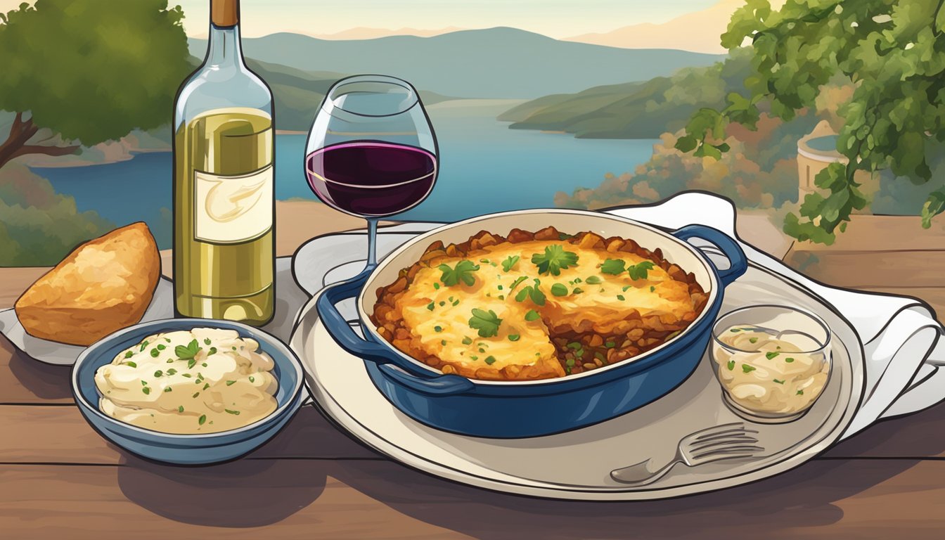 A table set with a steaming dish of chicken moussaka and a bottle of regional Greek wine