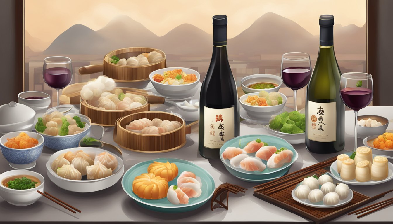 A table set with steaming pork dim sum and various wine bottles