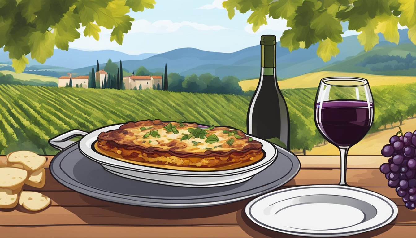 A table set with a steaming chicken moussaka dish alongside a glass of red wine, with a vineyard in the background