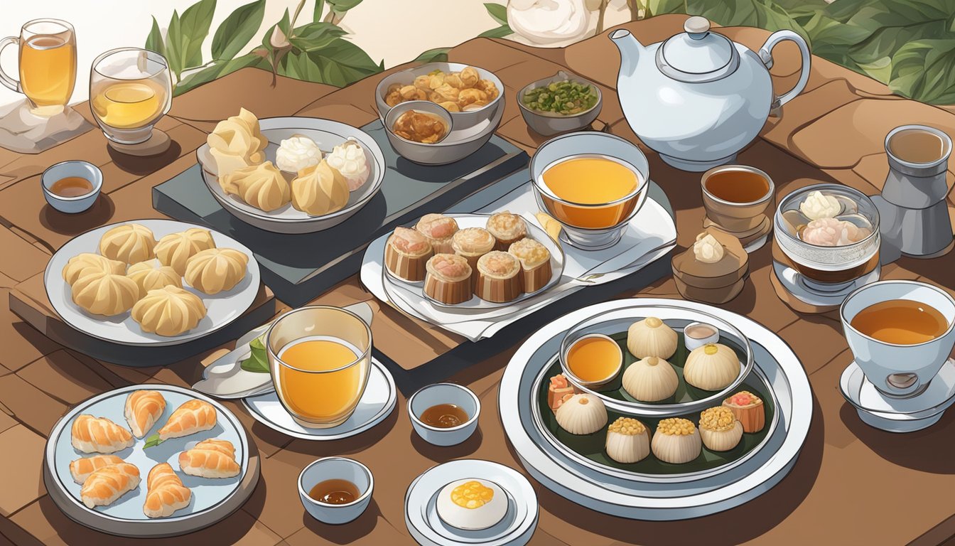 A table set with a variety of tea and non-wine beverages alongside a spread of pork dim sum