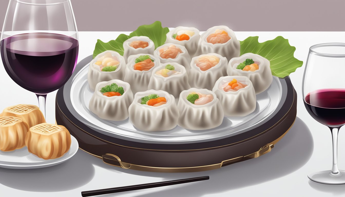 A platter of steaming pork dim sum with a glass of red wine on a white table