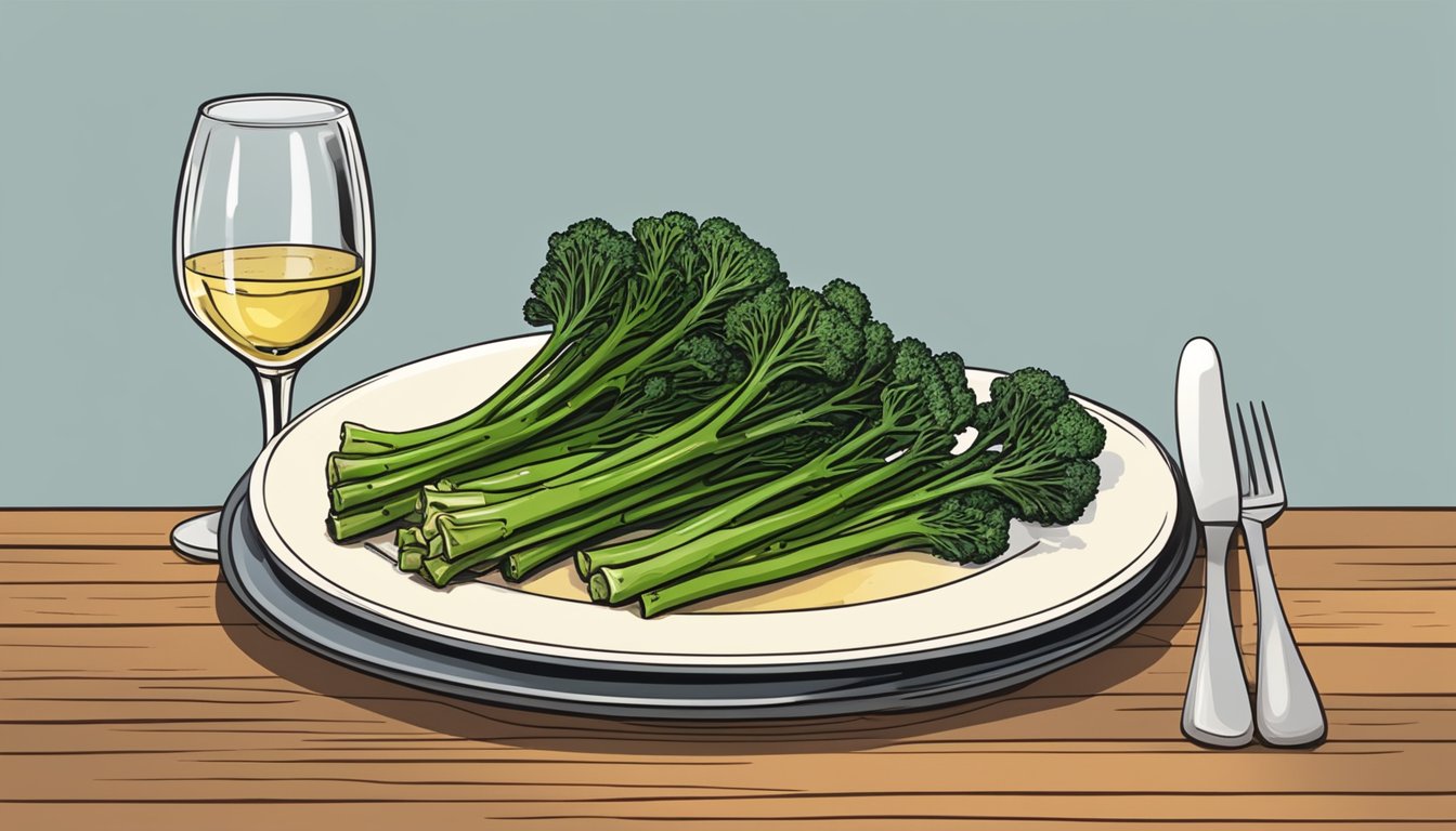 A glass of white wine next to a plate of grilled broccolini on a wooden table