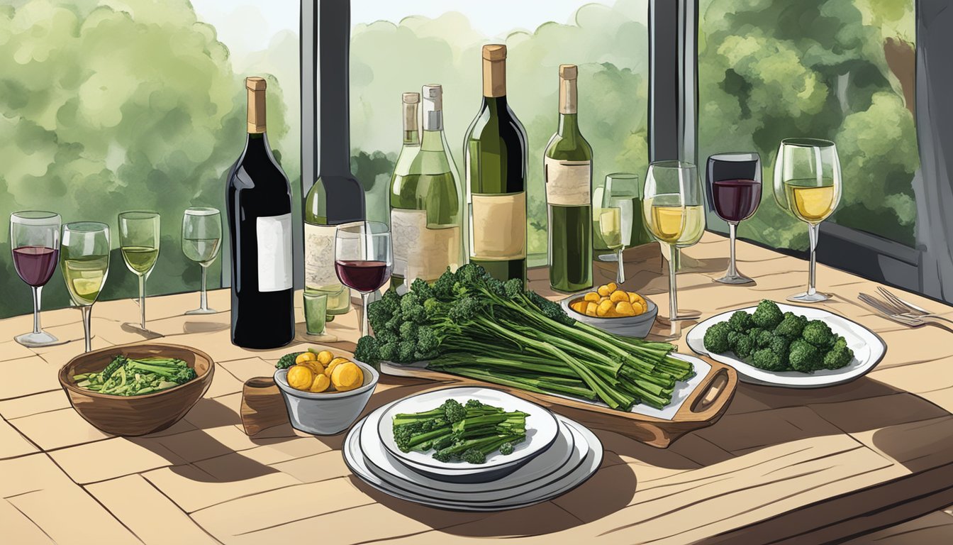 A table set with a platter of grilled broccolini and various wine bottles