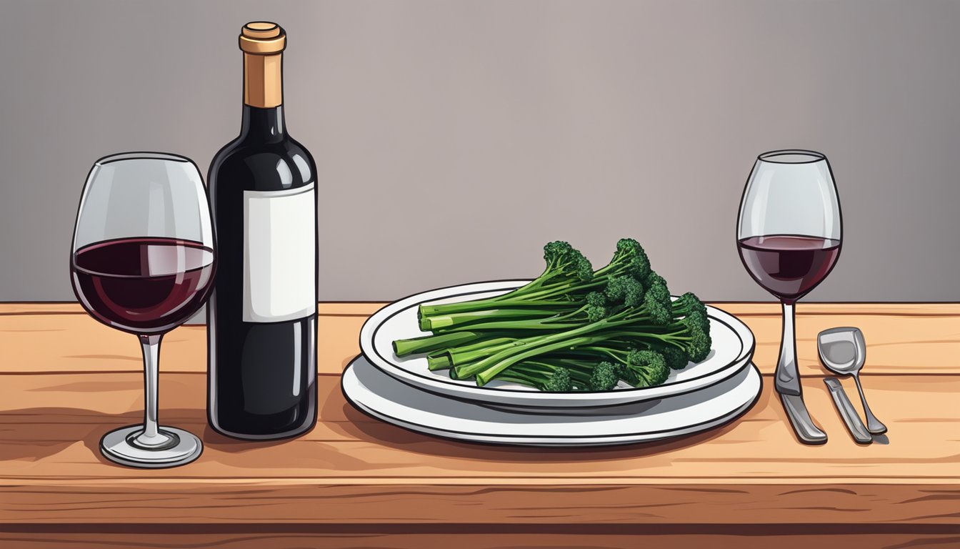 A bottle of red wine and a plate of grilled broccolini on a wooden table with two wine glasses