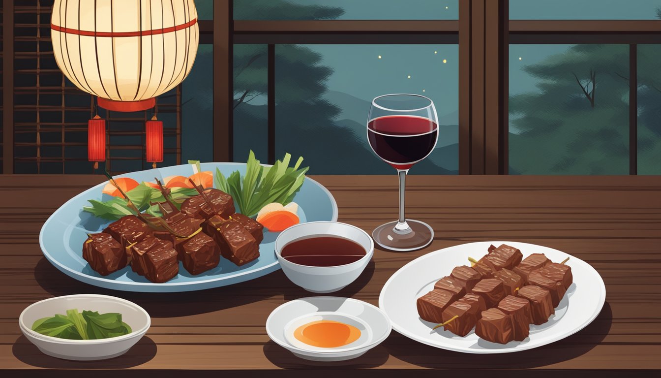 A glass of red wine next to a plate of beef yakitori on a wooden table, with a traditional Japanese backdrop of paper lanterns and bamboo