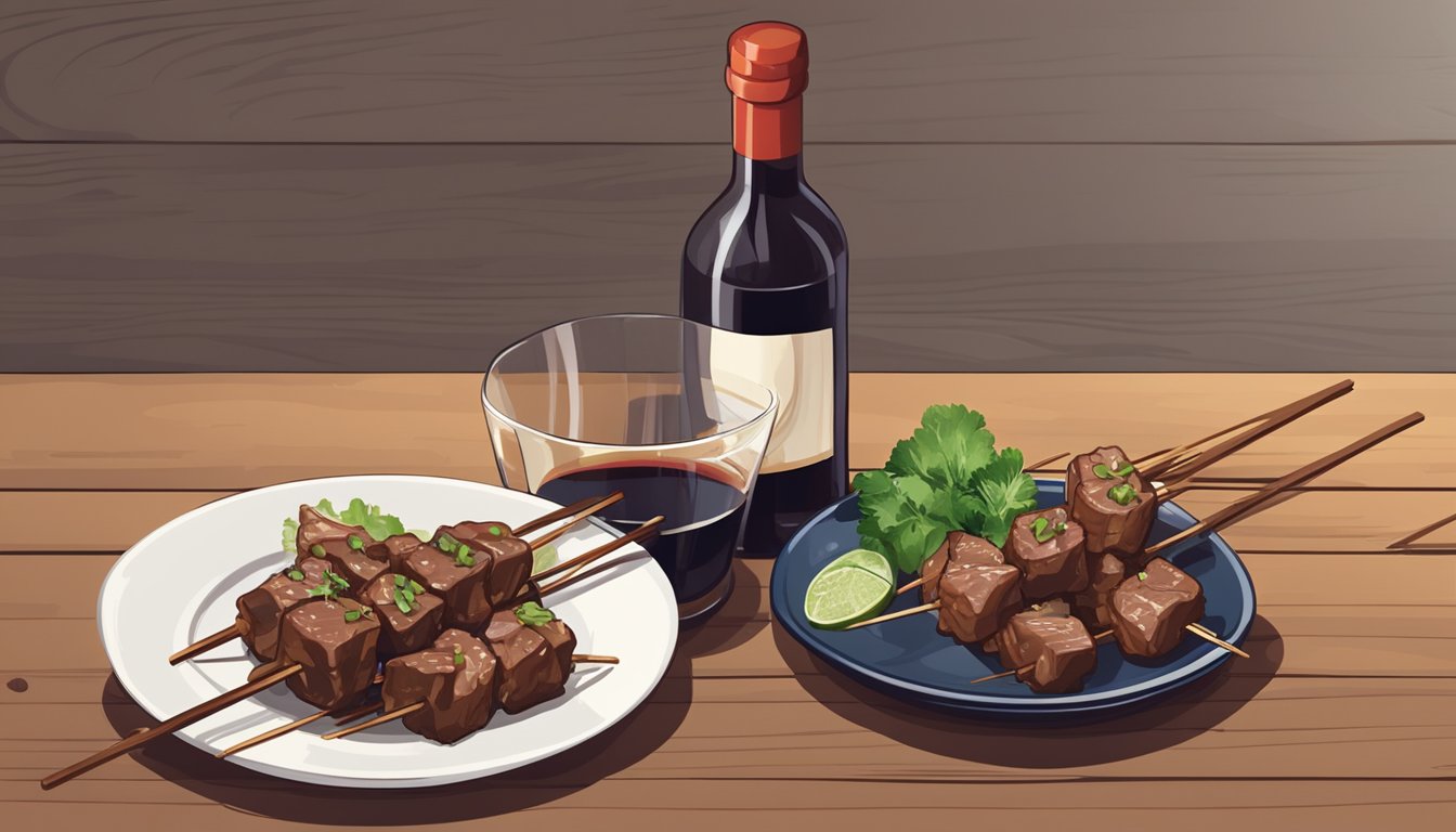 A bottle of red wine next to a plate of beef yakitori skewers on a wooden table