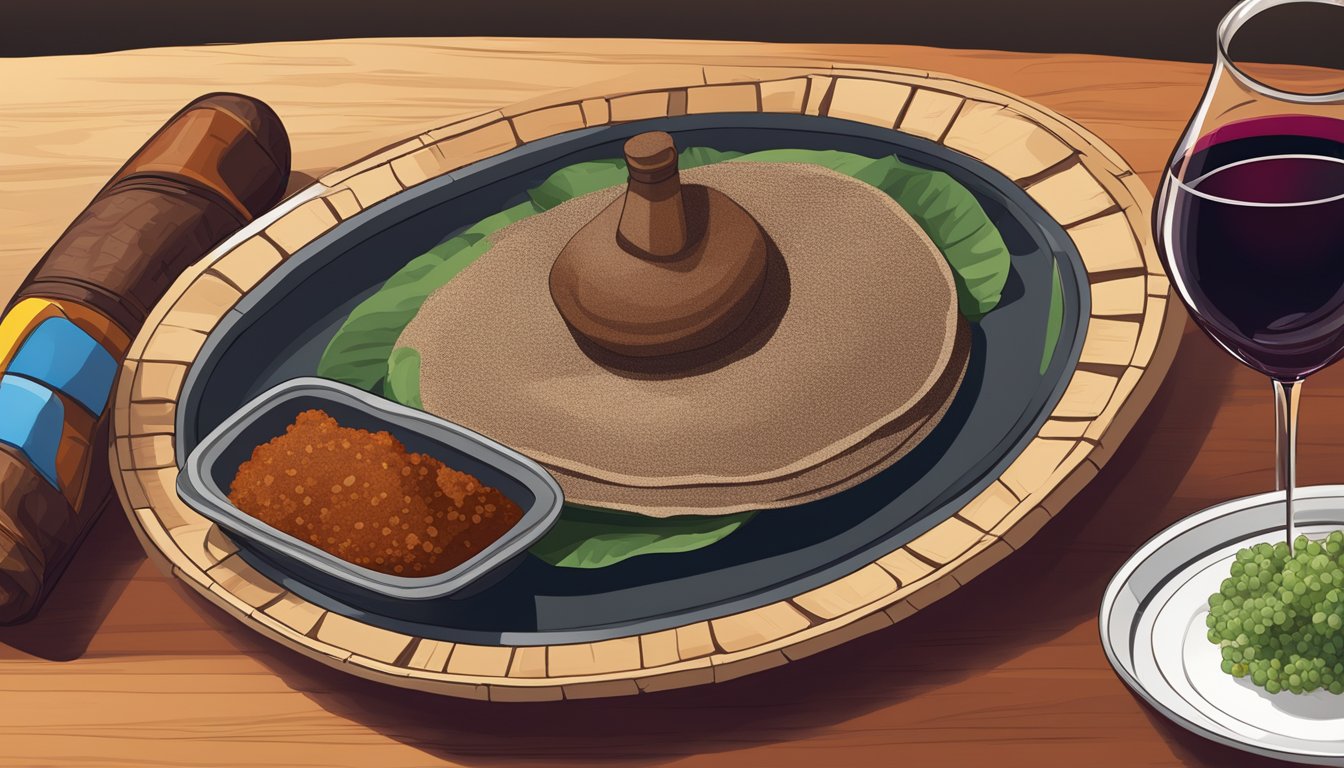 A table set with injera, doro wat, and kitfo, accompanied by a bottle of red wine