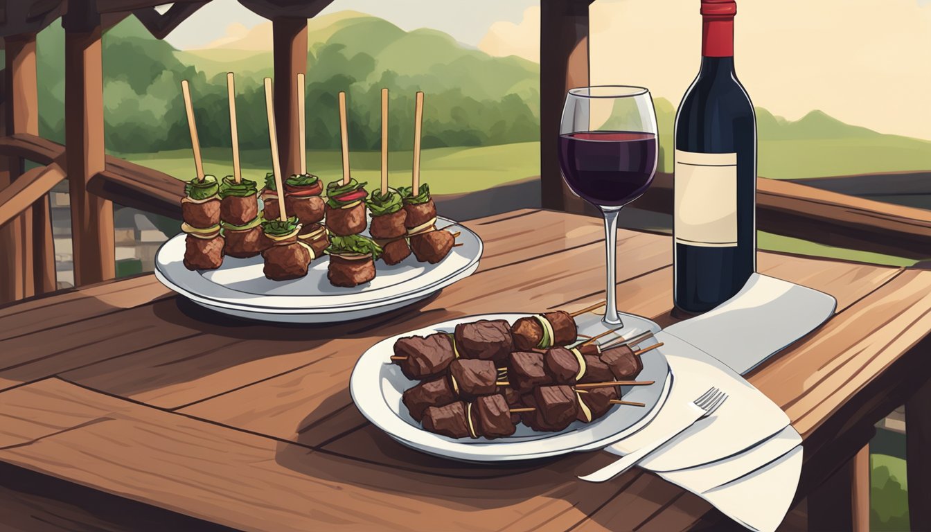 A bottle of red wine next to a plate of beef yakitori skewers on a wooden table