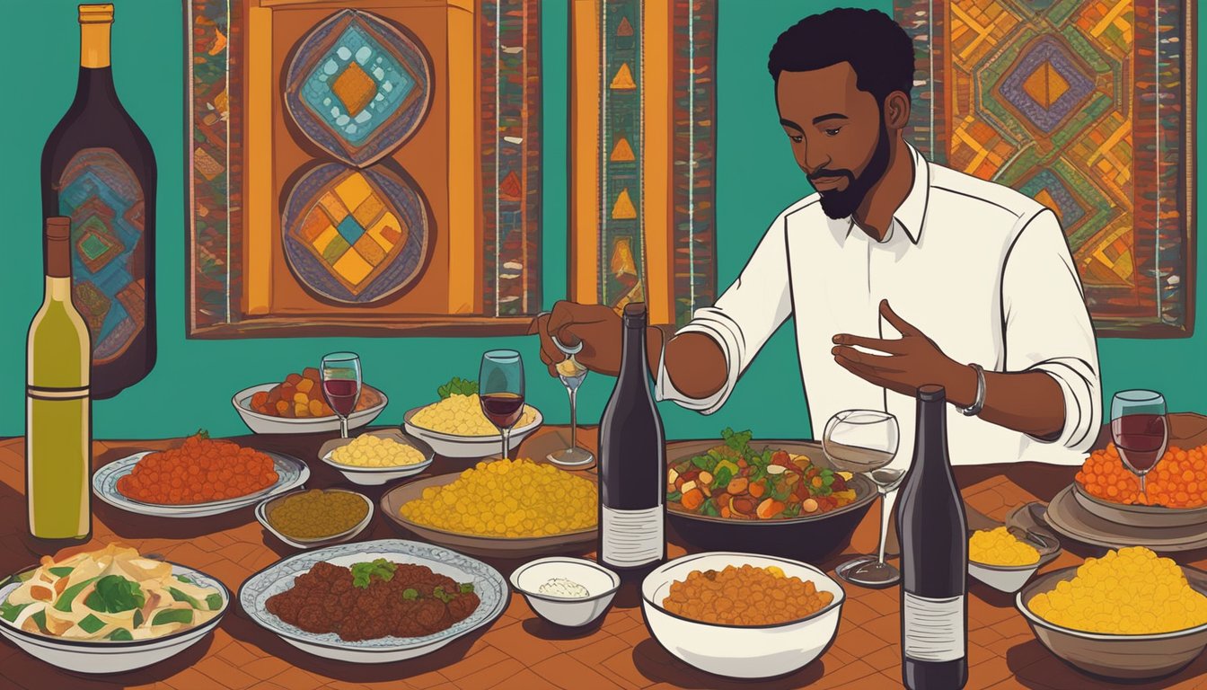 A table set with a colorful spread of Ethiopian dishes, surrounded by bottles of red and white wine. A sommelier gestures towards the food, discussing pairings