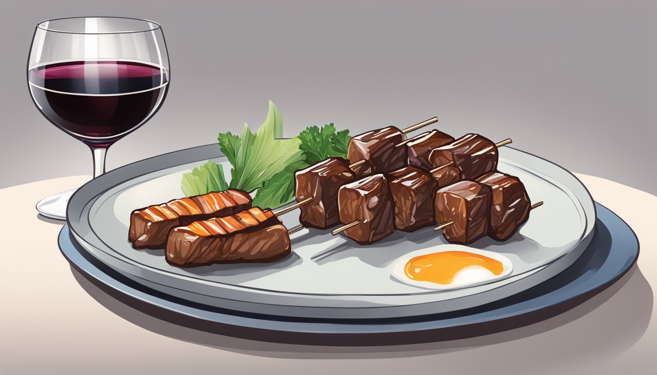 A glass of red wine next to a plate of beef yakitori, highlighting the balance of flavors and tannins