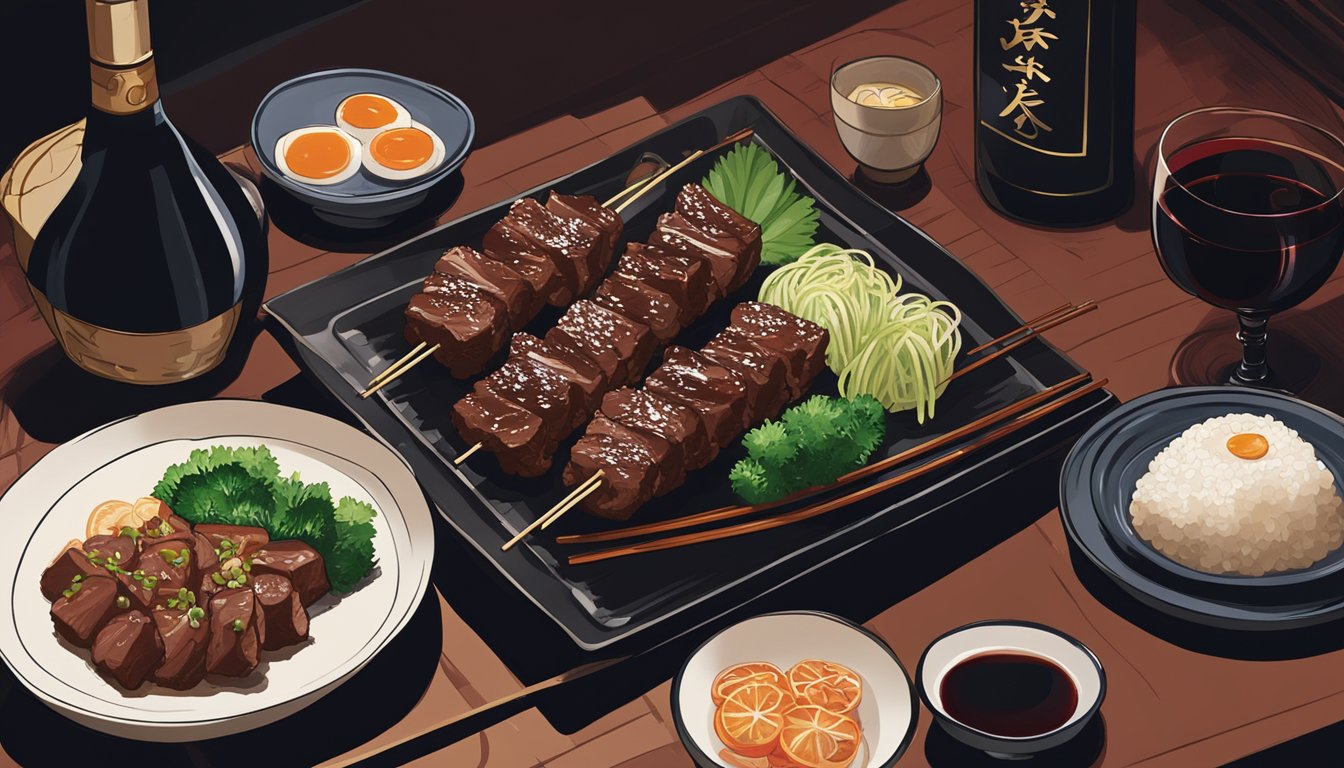 A sizzling plate of beef yakitori sits next to a bottle of rich, full-bodied red wine, surrounded by traditional Japanese decor and dim lighting