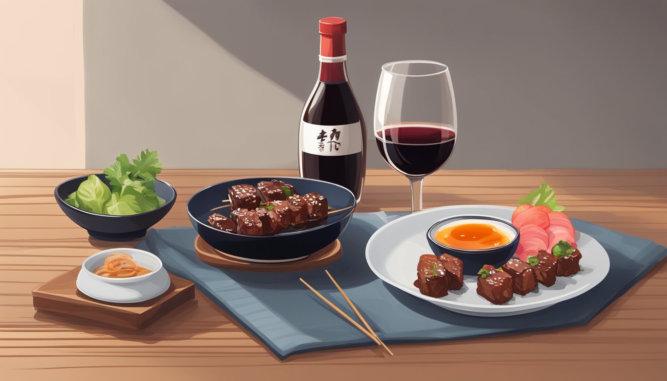 A glass of red wine next to a plate of beef yakitori, with a side of pickled ginger and soy sauce