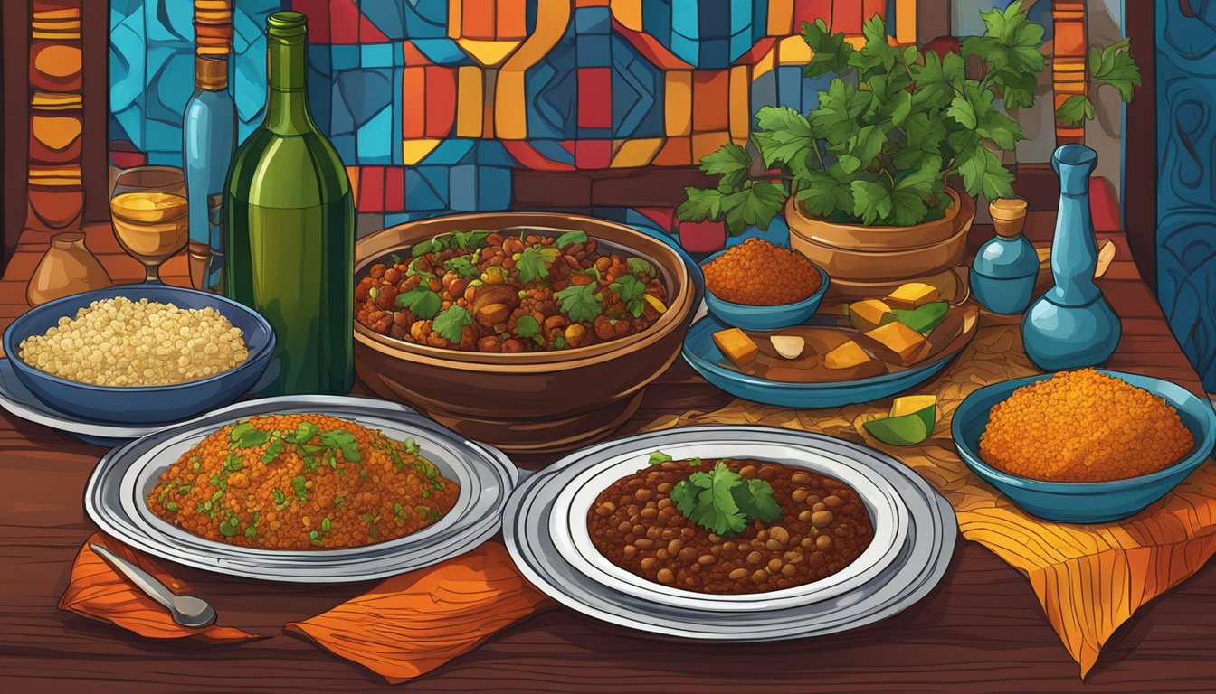 A table set with traditional Ethiopian dishes and a bottle of red wine, with vibrant colors and rich textures, ready to be illustrated