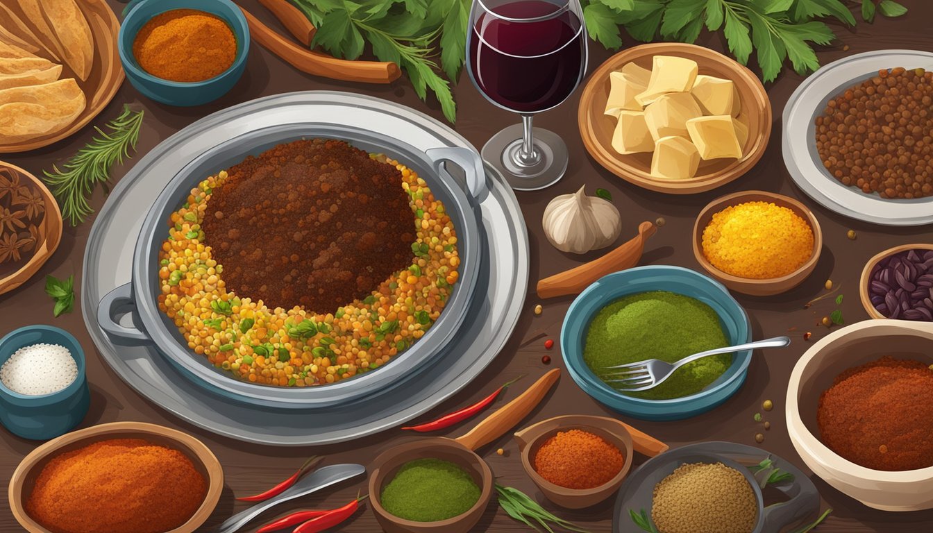 A table set with traditional Ethiopian dishes and a bottle of red wine, surrounded by vibrant spices and ingredients