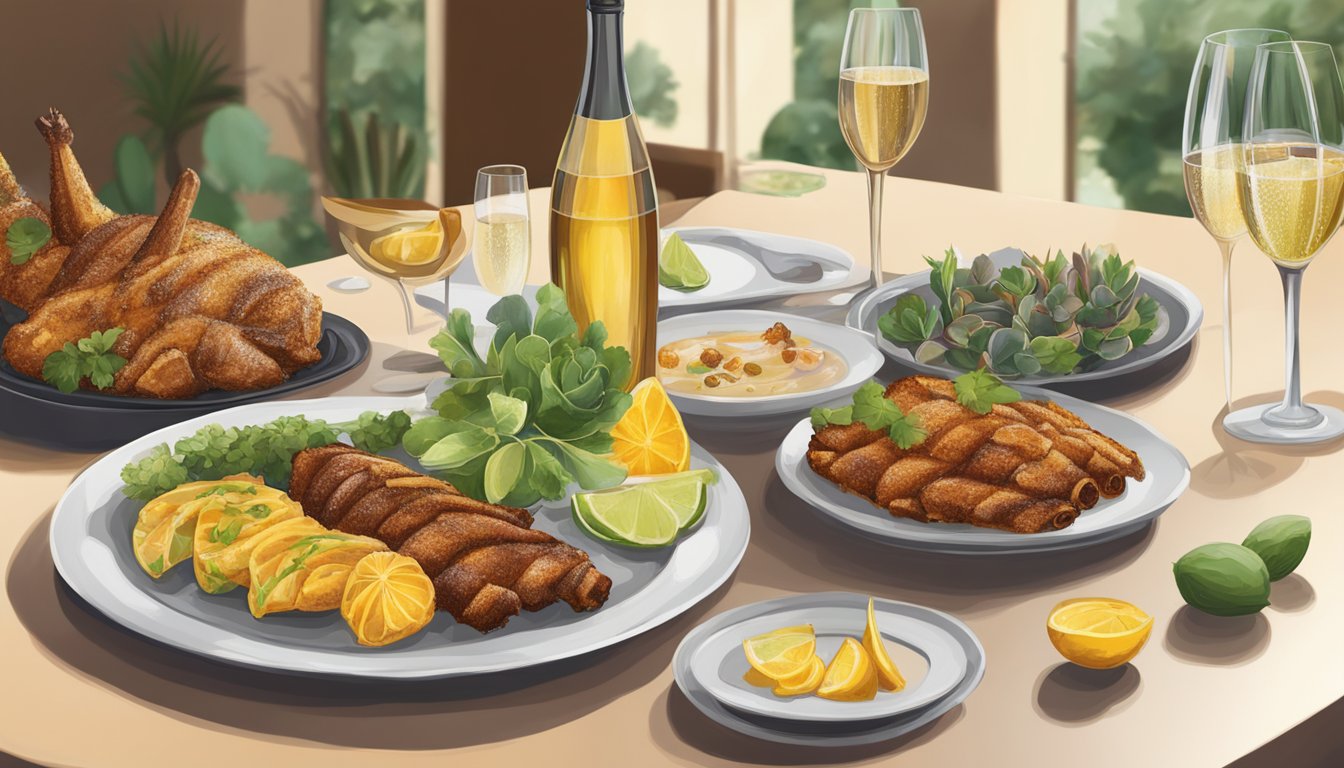 A table set with a variety of white and sparkling wines, accompanied by a succulent pork al pastor dish