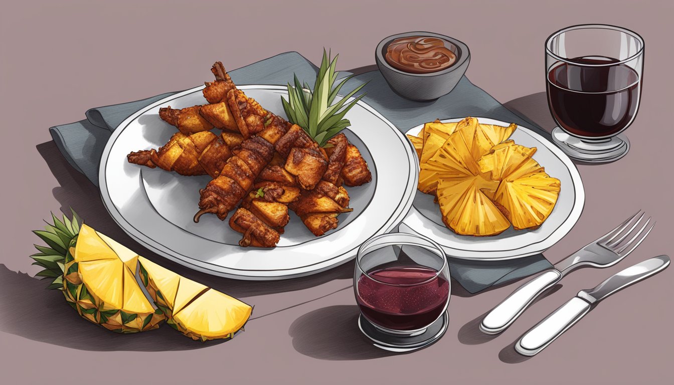 A table set with a plate of pork al pastor, a glass of red wine, and a side of grilled pineapple