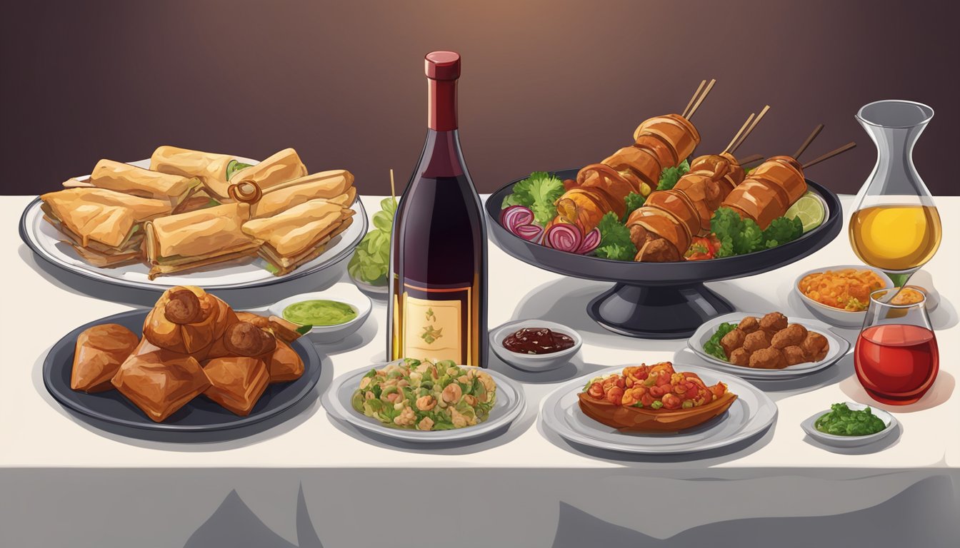 A table set with a spread of Turkish cuisine, including kebabs, mezze, and baklava, alongside a bottle of red wine and two glasses