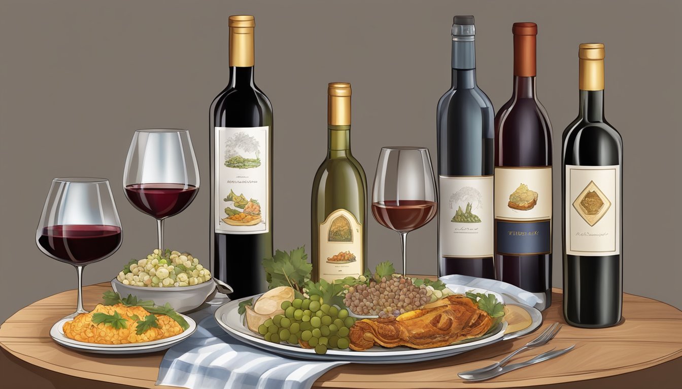 A table set with traditional Israeli dishes and a selection of wine bottles, with a focus on pairing the right wine with each dish