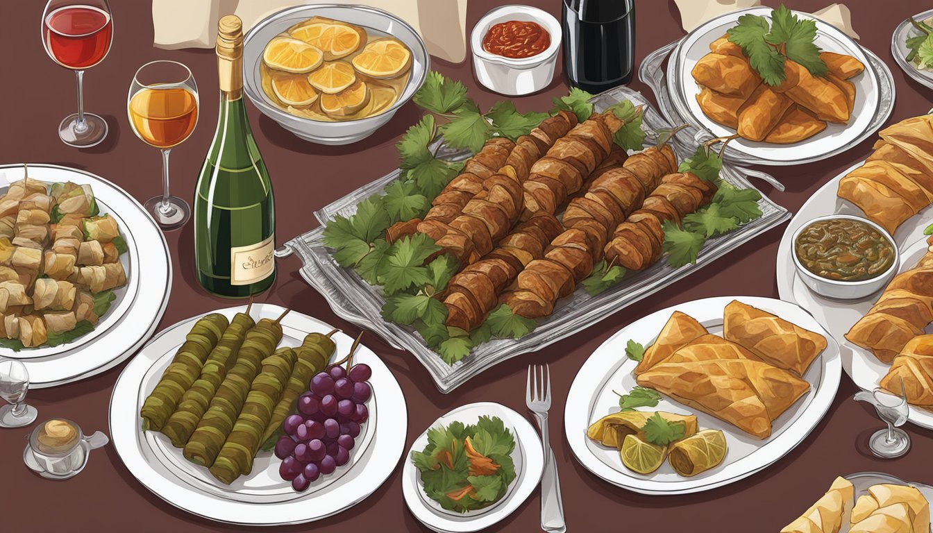 A table set with a spread of Turkish cuisine, including kebabs, baklava, and stuffed grape leaves, alongside a selection of red and white wines