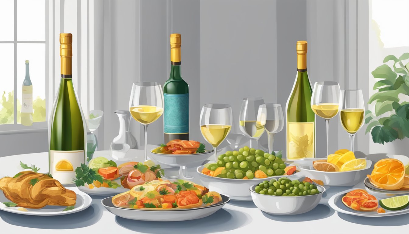 A table set with colorful Turkish dishes and various bottles of white wine