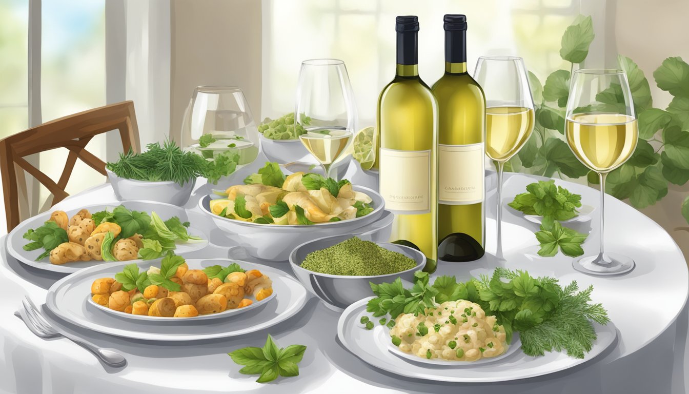 A table set with Israeli cuisine and a selection of white wines, including a bottle of Sauvignon Blanc and Chardonnay, with fresh herbs and spices as garnishes