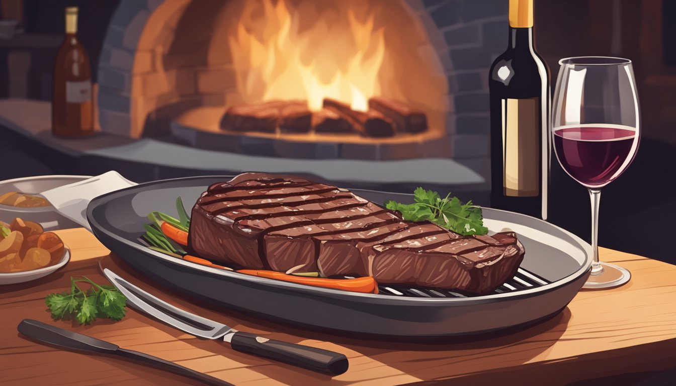 A juicy beef short loin steak sizzling on a grill next to a bottle of red wine and a glass, with a backdrop of a rustic dining table and cozy ambiance