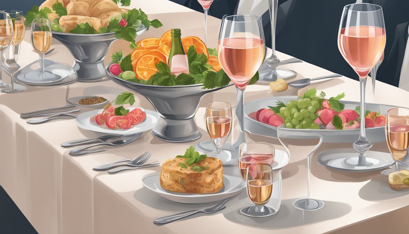 A table set with Israeli cuisine and a variety of rosé and sparkling wines displayed in elegant glasses