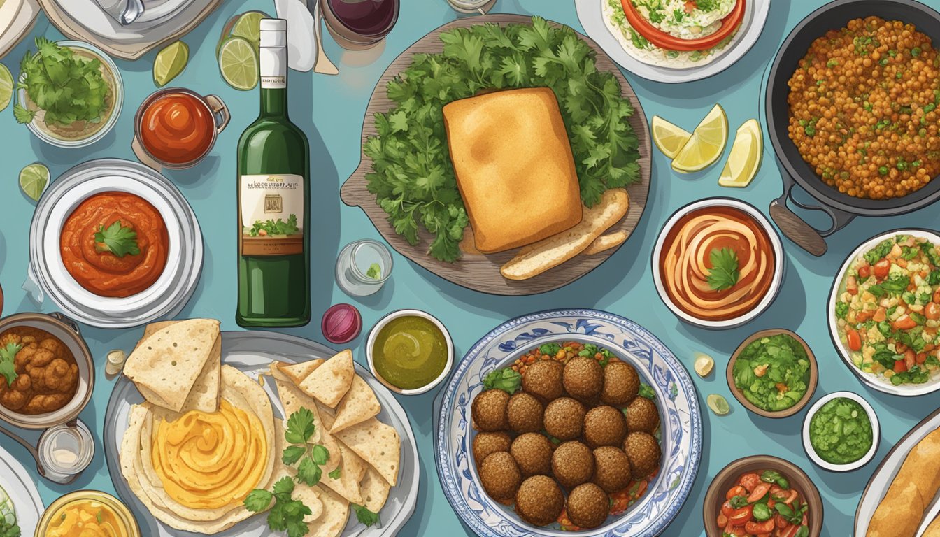 A bottle of Israeli wine alongside a spread of traditional Israeli dishes, such as falafel, hummus, tabbouleh, and shakshuka